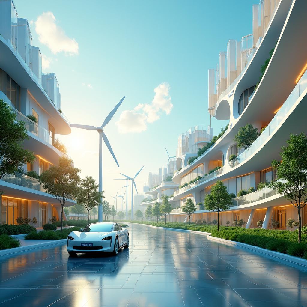 Design a modern futuristic cityscape featuring renewable energy sources such as lithium-ion technologies, wind turbines, and advanced solar panels