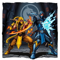 A striking illustration of iconic characters from the Mortal Kombat video game series, featuring Scorpion and Sub-Zero in an intense battle pose