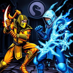 A striking illustration of iconic characters from the Mortal Kombat video game series, featuring Scorpion and Sub-Zero in an intense battle pose