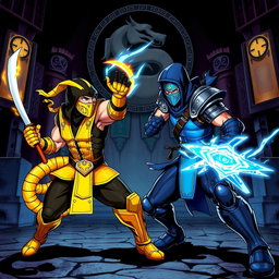 A striking illustration of iconic characters from the Mortal Kombat video game series, featuring Scorpion and Sub-Zero in an intense battle pose