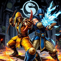 A striking illustration of iconic characters from the Mortal Kombat video game series, featuring Scorpion and Sub-Zero in an intense battle pose
