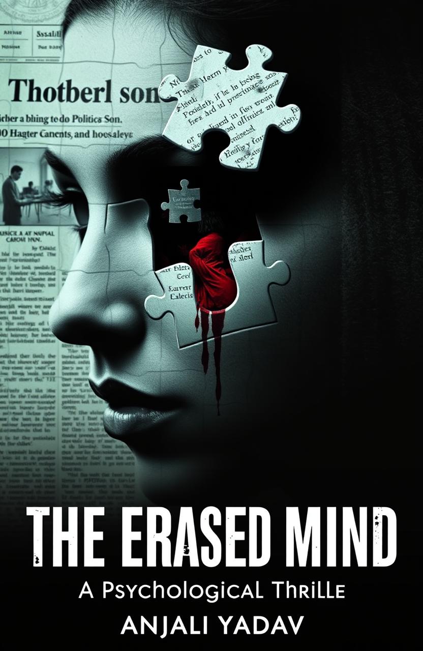 A surreal imagery featuring a woman's face composed of jigsaw puzzle pieces, with certain parts missing to create an eerie effect