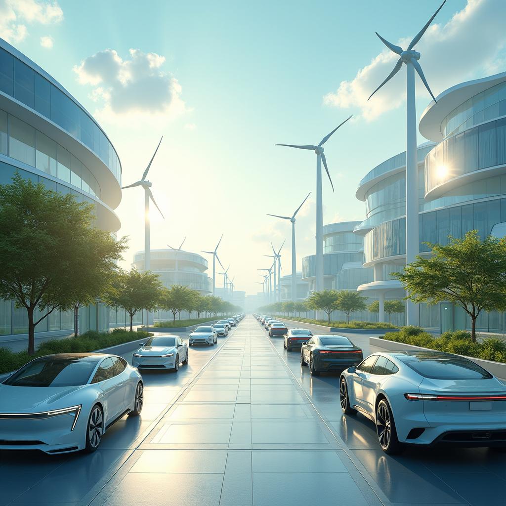 Create a modern design of a futuristic city that incorporates renewable energy sources such as lithium-ion technologies, wind turbines, and cutting-edge solar panels