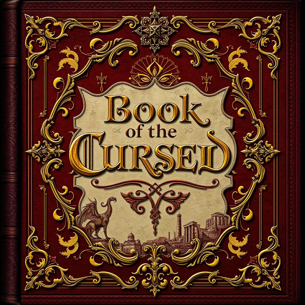 A vintage book cover design titled 'Book of the Cursed', featuring ornate golden detailing and illustrations of mystical symbols and ancient ruins