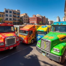 A collection of colorful trucks parked in a vibrant urban setting