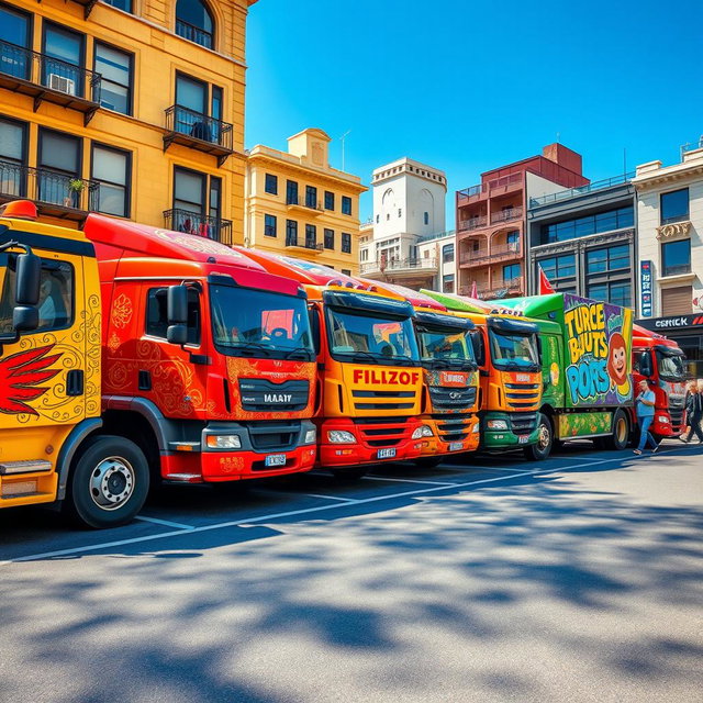 A collection of colorful trucks parked in a vibrant urban setting