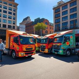 A collection of colorful trucks parked in a vibrant urban setting