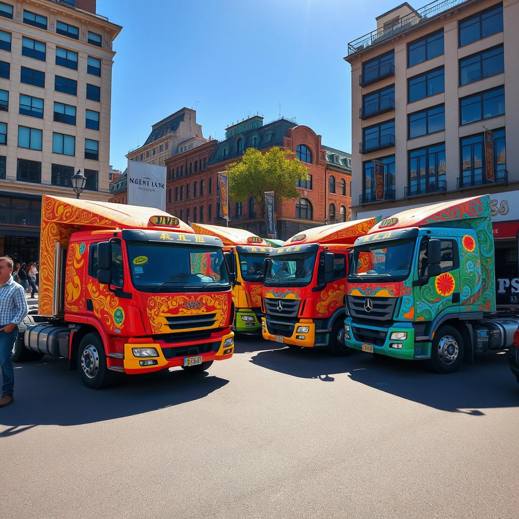A collection of colorful trucks parked in a vibrant urban setting