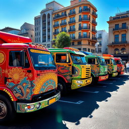 A collection of colorful trucks parked in a vibrant urban setting