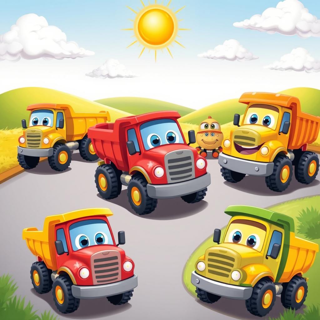 A whimsical scene featuring colorful cartoon trucks in a playful, animated style