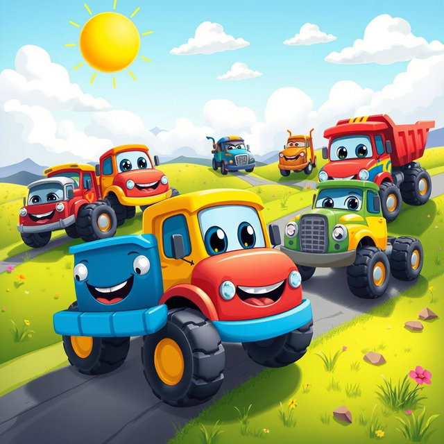 A whimsical scene featuring colorful cartoon trucks in a playful, animated style