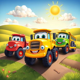 A whimsical scene featuring colorful cartoon trucks in a playful, animated style