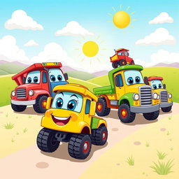 A whimsical scene featuring colorful cartoon trucks in a playful, animated style