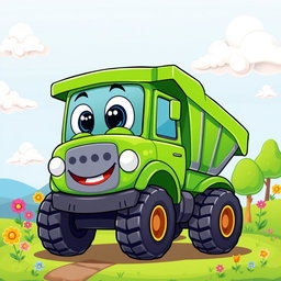 A cheerful green dump truck illustrated in a colorful cartoon style