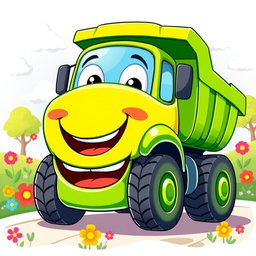 A cheerful green dump truck illustrated in a colorful cartoon style
