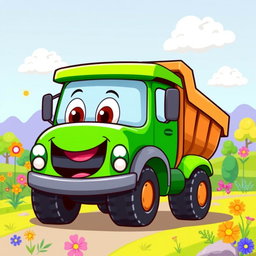 A cheerful green dump truck illustrated in a colorful cartoon style
