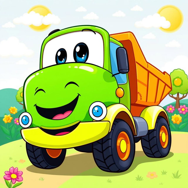 A cheerful green dump truck illustrated in a colorful cartoon style