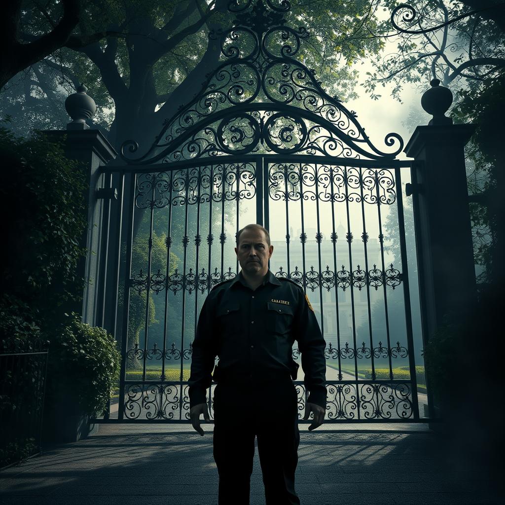 A dramatic scene depicting a security guard in a tense confrontation at a large, ornate gate