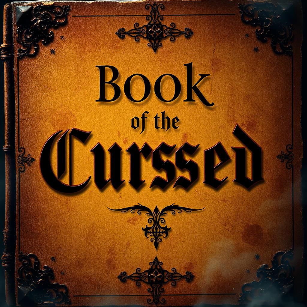 A book cover titled 'Book of the Cursed', featuring an ancient design with a distressed, textured background in rich, old golden tones