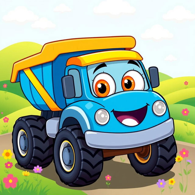 A cheerful blue dump truck illustrated in a colorful cartoon style