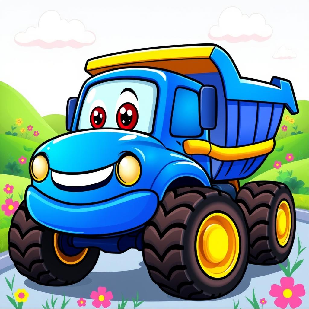 A cheerful blue dump truck illustrated in a colorful cartoon style