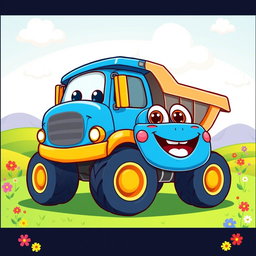 A cheerful blue dump truck illustrated in a colorful cartoon style