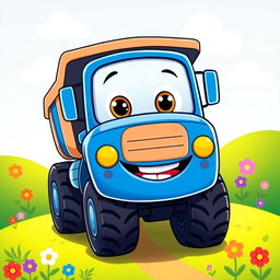 A cheerful blue dump truck illustrated in a colorful cartoon style