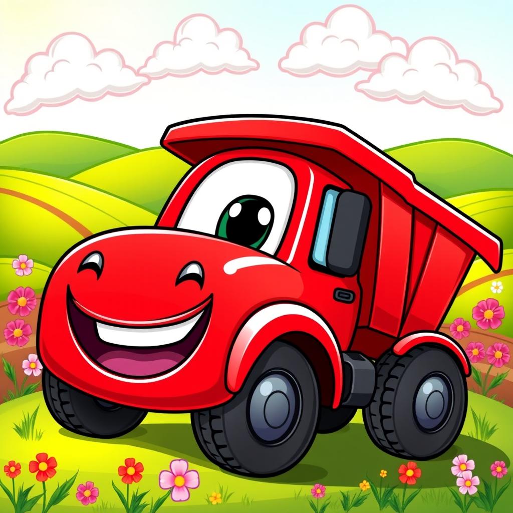 A cheerful red dump truck illustrated in a colorful cartoon style