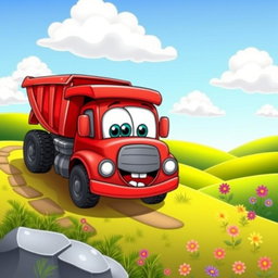 A cheerful red dump truck illustrated in a colorful cartoon style