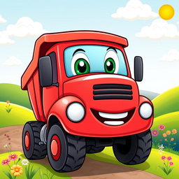 A cheerful red dump truck illustrated in a colorful cartoon style