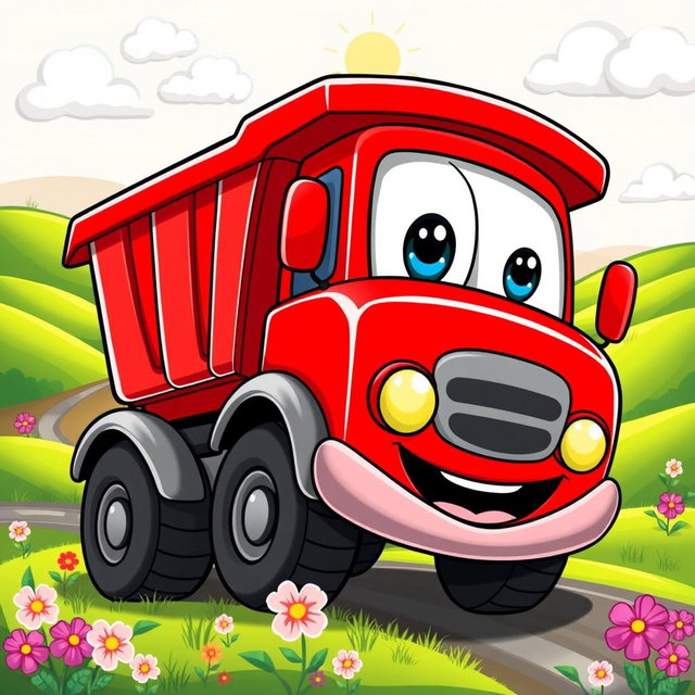 A cheerful red dump truck illustrated in a colorful cartoon style