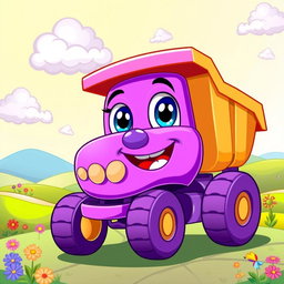 A cheerful purple dump truck illustrated in a colorful cartoon style