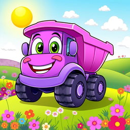 A cheerful purple dump truck illustrated in a colorful cartoon style
