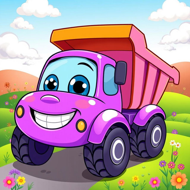 A cheerful purple dump truck illustrated in a colorful cartoon style
