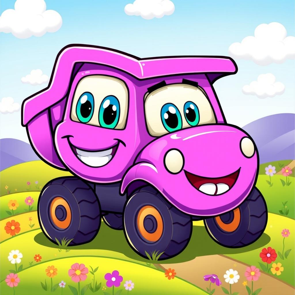 A cheerful purple dump truck illustrated in a colorful cartoon style