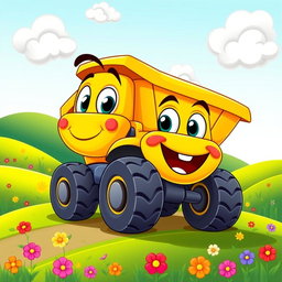 A cheerful yellow dump truck illustrated in a colorful cartoon style