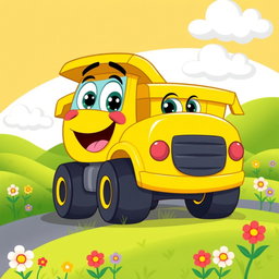 A cheerful yellow dump truck illustrated in a colorful cartoon style