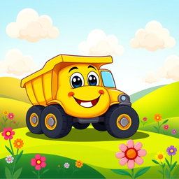 A cheerful yellow dump truck illustrated in a colorful cartoon style