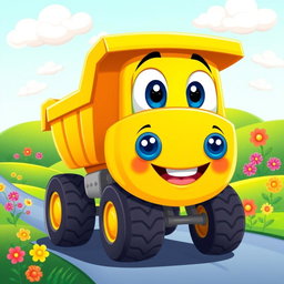 A cheerful yellow dump truck illustrated in a colorful cartoon style