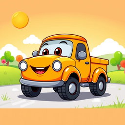 A cheerful orange pickup truck illustrated in a colorful cartoon style