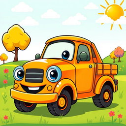 A cheerful orange pickup truck illustrated in a colorful cartoon style