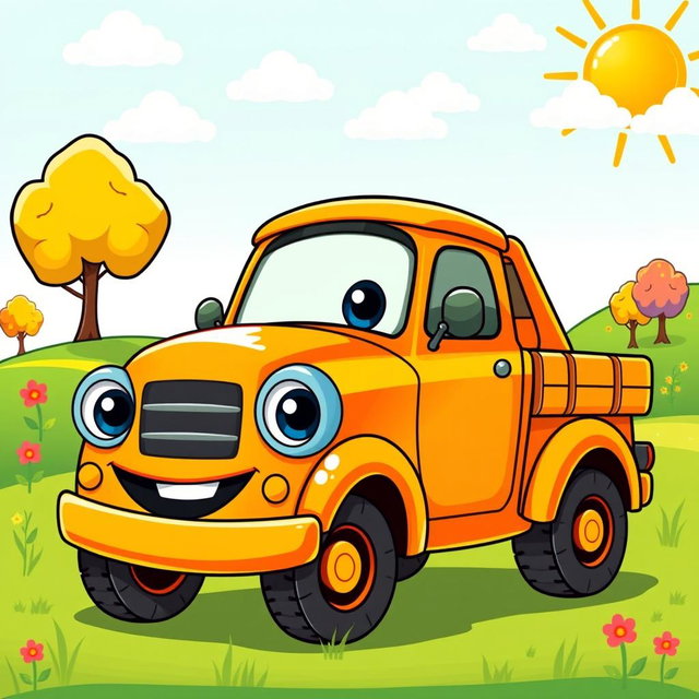 A cheerful orange pickup truck illustrated in a colorful cartoon style
