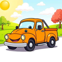 A cheerful orange pickup truck illustrated in a colorful cartoon style
