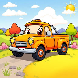A cheerful orange pickup truck illustrated in a colorful cartoon style