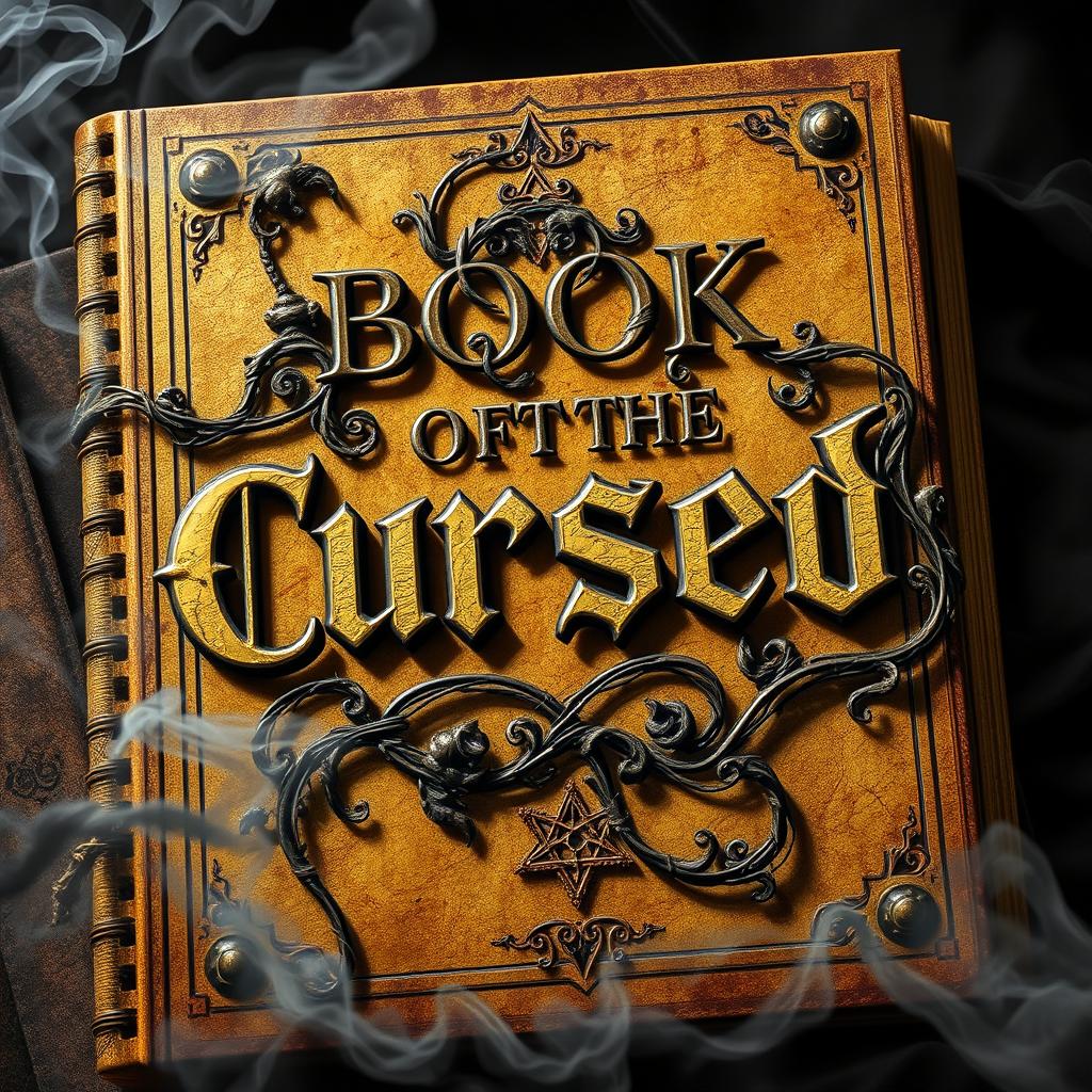 A visually striking book cover titled 'Book of the Cursed', showcasing an ancient and ornate design with a weathered, old golden texture that glistens subtly in the light