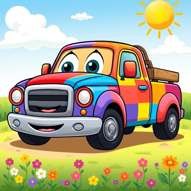 A vibrant and colorful pickup truck illustrated in a lively cartoon style