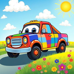 A vibrant and colorful pickup truck illustrated in a lively cartoon style
