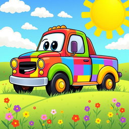 A vibrant and colorful pickup truck illustrated in a lively cartoon style