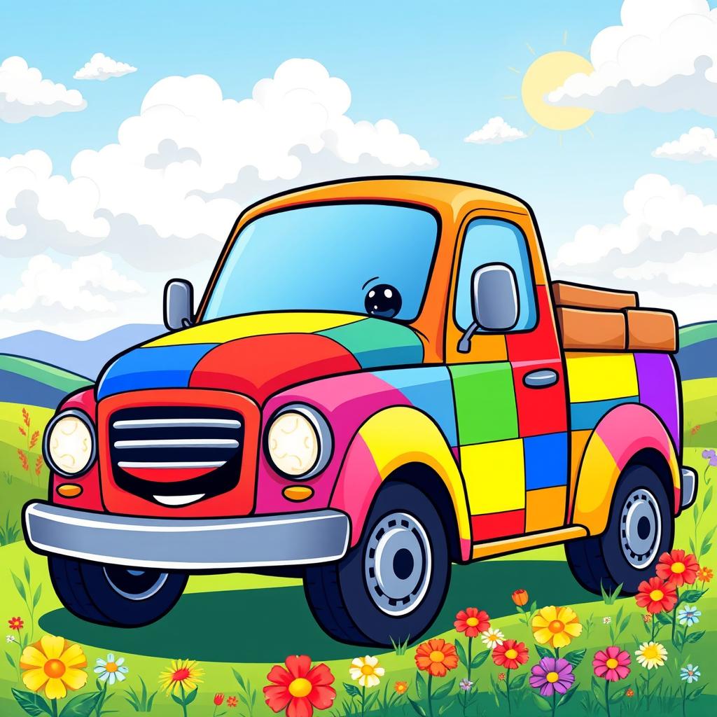 A vibrant and colorful pickup truck illustrated in a lively cartoon style