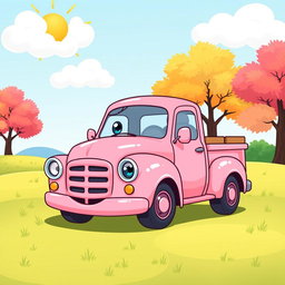 A charming pink pickup truck illustrated in a colorful cartoon style